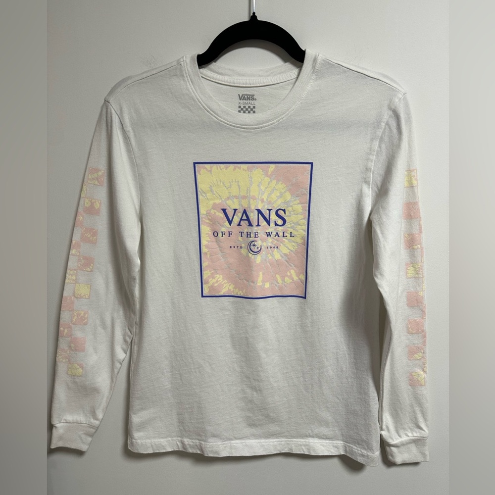 Vans White Long Sleeve Tee with Pastel Yellow and Pink Graphic